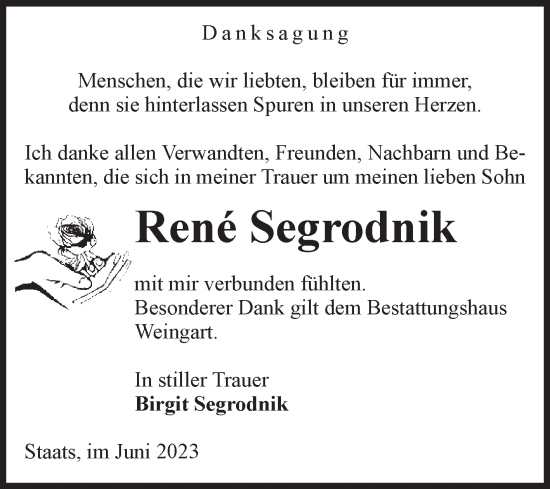 Traueranzeige von René Segrodnik von Volksstimme Altmark Ost