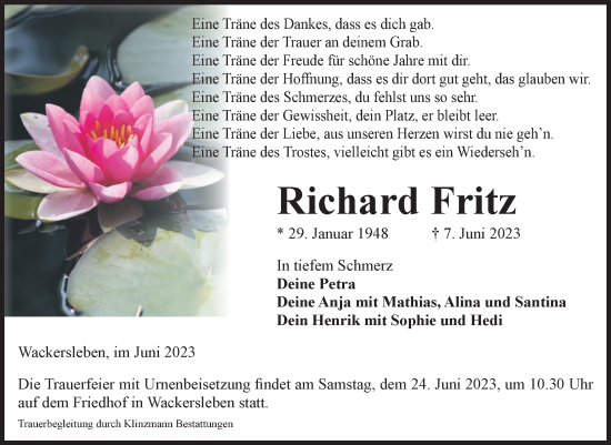 Traueranzeige von Richard Fritz von Volksstimme Oschersleben/Wanzleben