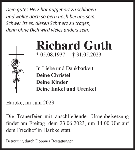 Traueranzeige von Richard Guth von Volksstimme Oschersleben/Wanzleben