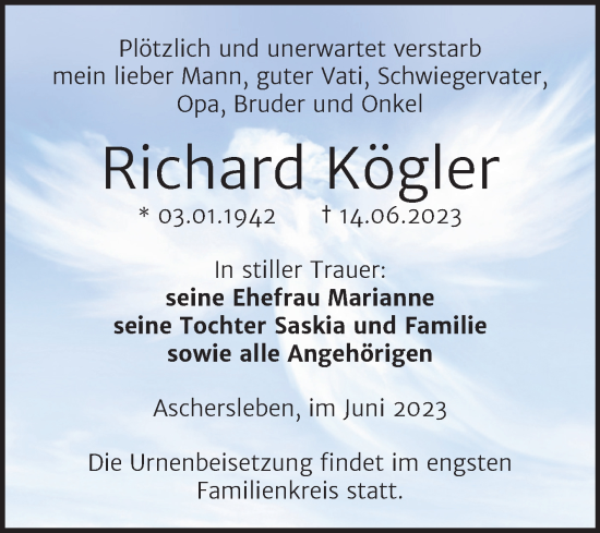 Traueranzeige von Richard Kögler von Mitteldeutsche Zeitung Aschersleben
