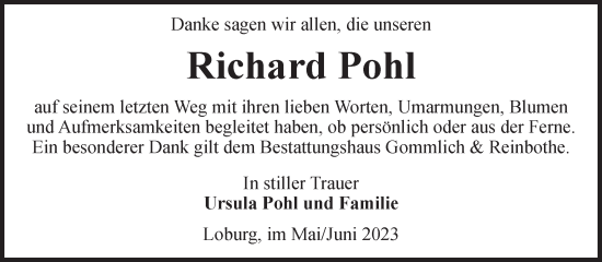 Traueranzeige von Richard Pohl von Volksstimme Zerbst