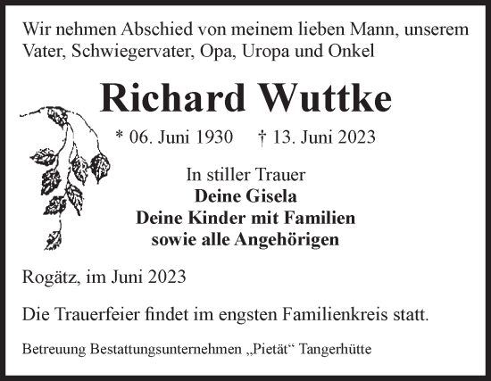 Traueranzeige von Richard Wuttke von Volksstimme Haldensleben/Wolmirstedt