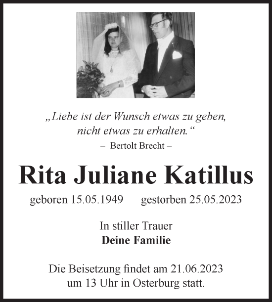 Traueranzeige von Rita Juliane Katillus von Volksstimme Altmark Ost