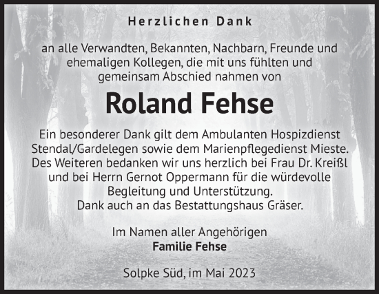 Traueranzeige von Roland Fehse von Volksstimme Altmark West