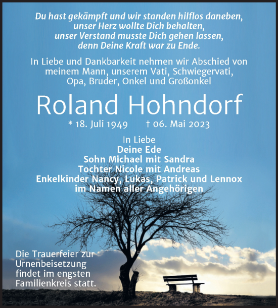 Traueranzeige von Roland Hohndorf von Trauerkombi Merseburg