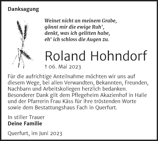 Traueranzeige von Roland Hohndorf von Trauerkombi Merseburg