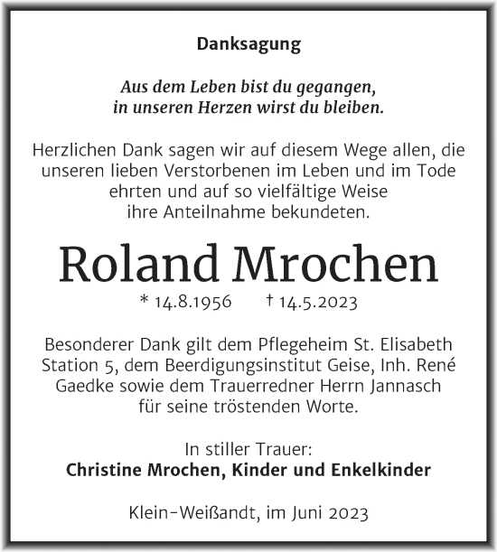 Traueranzeige von Roland Mrochen von Trauerkombi Köthen