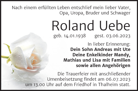 Traueranzeige von Roland Uebe von Trauerkombi Bitterfeld