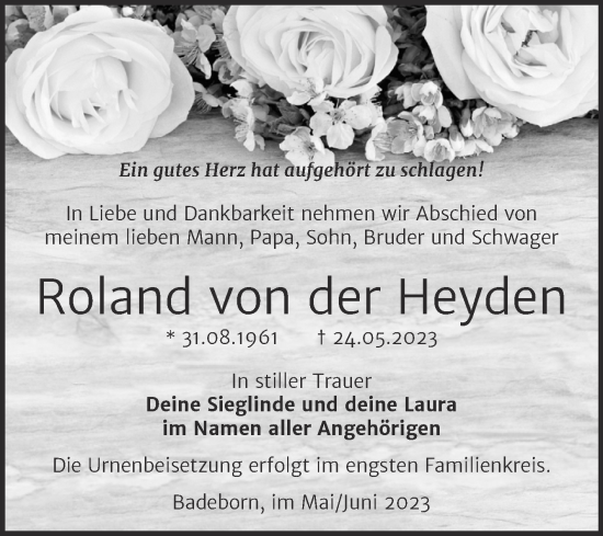 Traueranzeige von Roland von der Heyden von Trauerkombi Quedlinburg