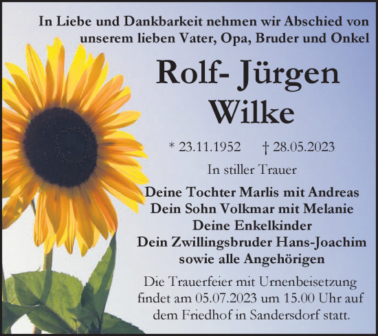 Traueranzeige von Rolf-Jürgen Wilke von Trauerkombi Bitterfeld