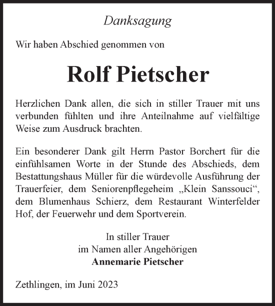 Traueranzeige von Rolf Pietscher von Volksstimme Altmark West