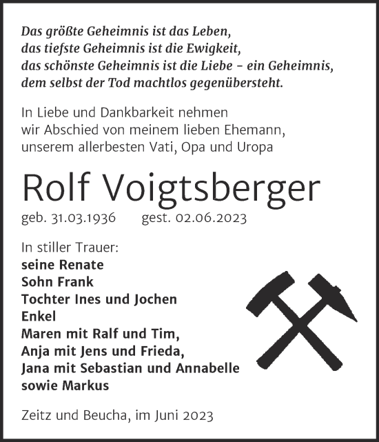 Traueranzeige von Rolf Voigtsberger von Trauerkombi Zeitz