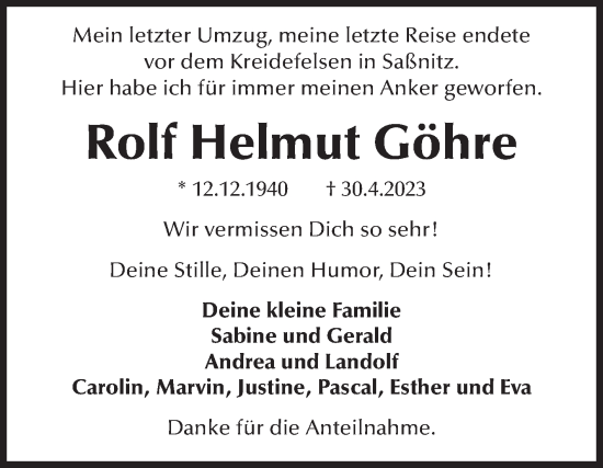 Traueranzeige von Rolf Helmut Göhre von Volksstimme Wernigerode