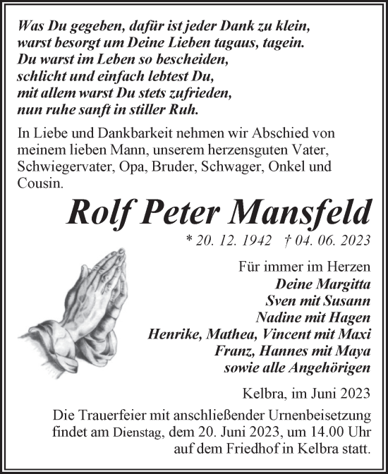Traueranzeige von Rolf Peter Mansfeld von Trauerkombi Sangerhausen