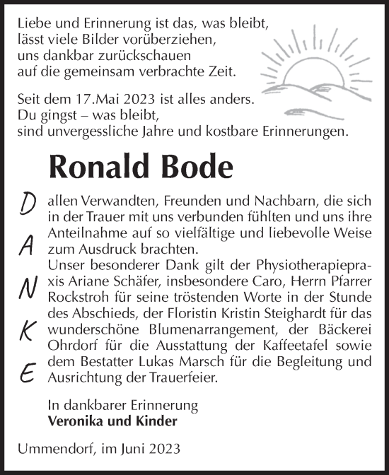 Traueranzeige von Ronald Bode von Volksstimme Oschersleben/Wanzleben