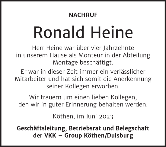 Traueranzeige von Ronald Heine von Mitteldeutsche Zeitung Köthen