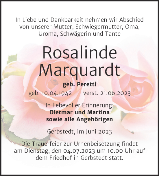 Traueranzeige von Rosalinde Marquardt von Trauerkombi Mansfelder Land
