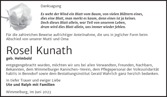 Traueranzeige von Rosel Kunath von Trauerkombi Mansfelder Land