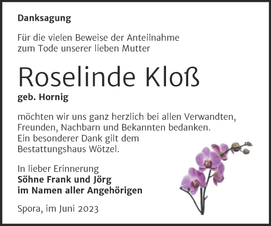 Traueranzeige von Roselinde Kloß von Trauerkombi Zeitz