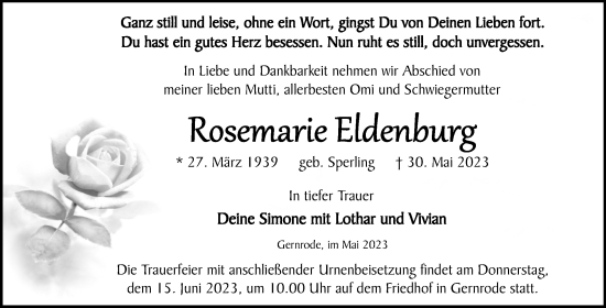 Traueranzeige von Rosemarie Eldenburg von Trauerkombi Quedlinburg