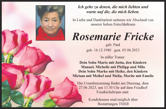 Traueranzeige von Rosemarie Fricke von Trauerkombi Quedlinburg