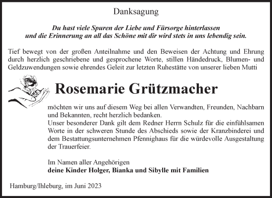 Traueranzeige von Rosemarie Grützmacher von Volksstimme Burg/Genthin