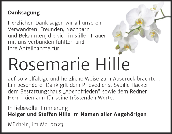 Traueranzeige von Rosemarie Hille von Trauerkombi Merseburg