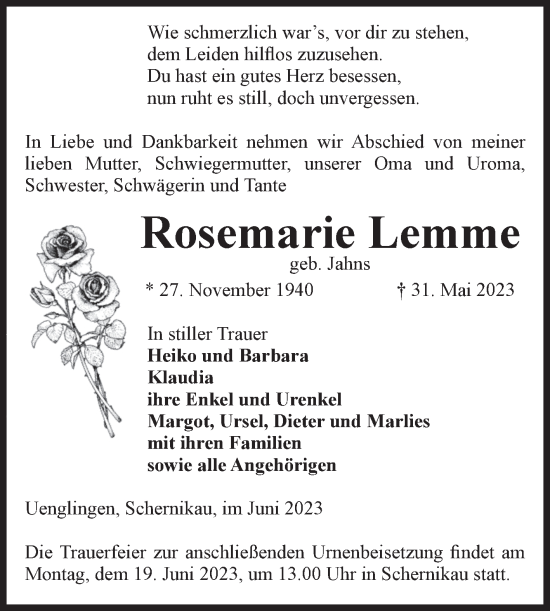 Traueranzeige von Rosemarie Lemme von Volksstimme Altmark Ost