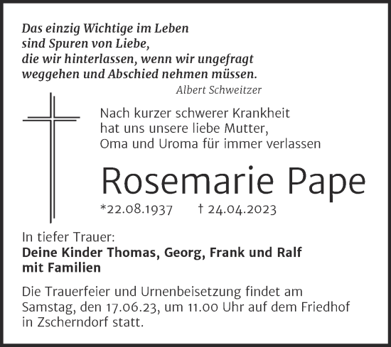 Traueranzeige von Rosemarie Pape von Trauerkombi Bitterfeld