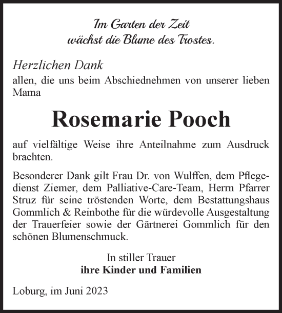 Traueranzeige von Rosemarie Pooch von Volksstimme Zerbst