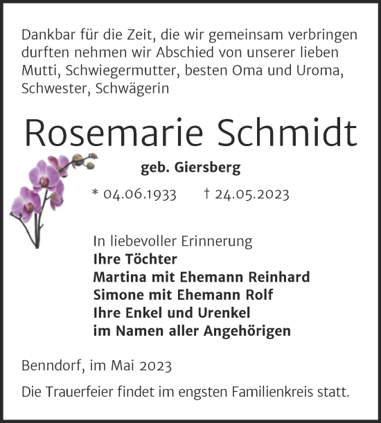 Traueranzeige von Rosemarie Schmidt von Trauerkombi Mansfelder Land