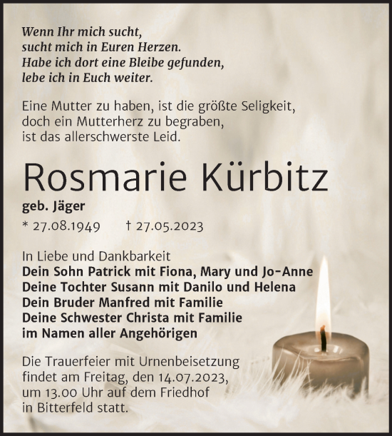 Traueranzeige von Rosmarie Kürbitz von Trauerkombi Bitterfeld