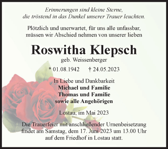Traueranzeige von Roswitha Klepsch von Volksstimme Burg/Genthin