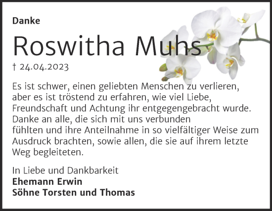 Traueranzeige von Roswitha Muhs von Trauerkombi Bernburg