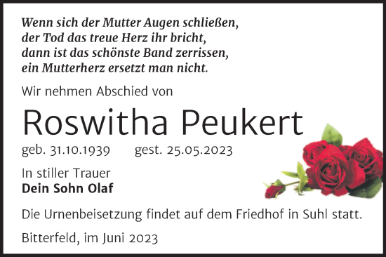 Traueranzeige von Roswitha Peukert von Trauerkombi Bitterfeld