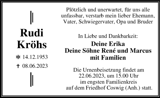 Traueranzeige von Rudi Kröhs von Trauerkombi Wittenberg