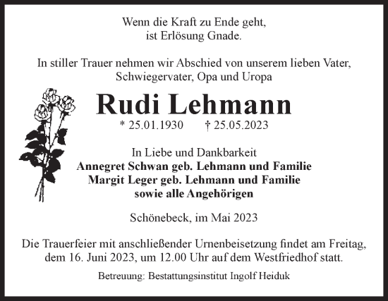 Traueranzeige von Rudi Lehmann von Volksstimme Schönebeck