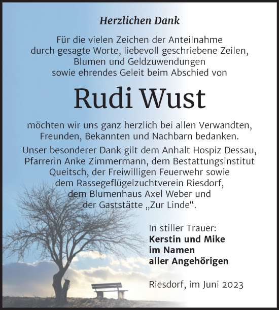 Traueranzeige von Rudi Wust von Trauerkombi Köthen
