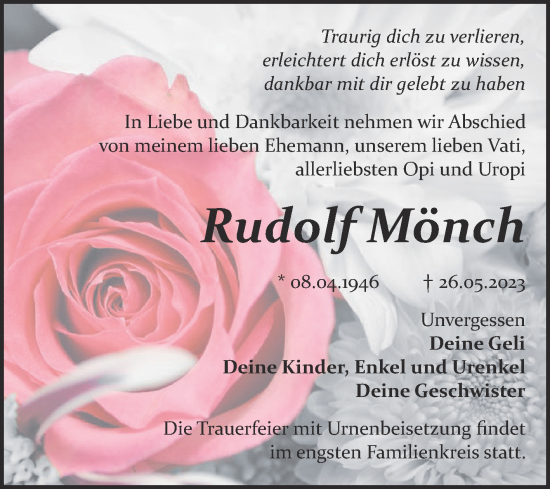 Traueranzeige von Rudolf Mönch von Trauerkombi Bitterfeld