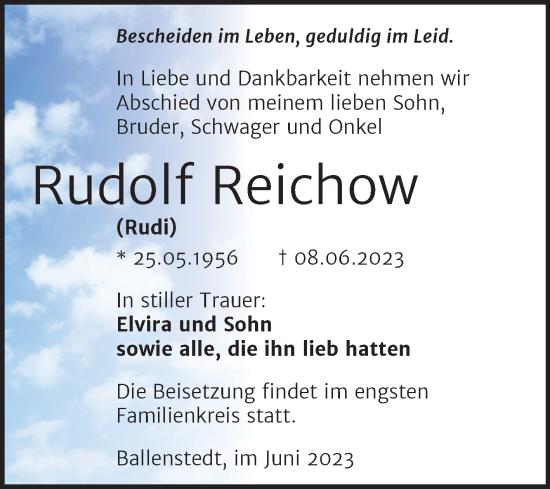 Traueranzeige von Rudolf Reichow von Trauerkombi Quedlinburg