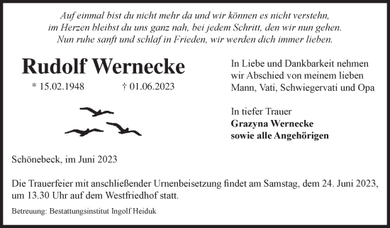 Traueranzeige von Rudolf Wernecke von Volksstimme Schönebeck