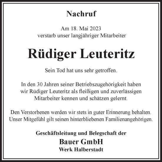 Traueranzeige von Rüdiger Leuteritz von Volksstimme Halberstadt