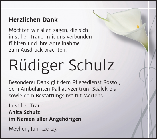 Traueranzeige von Rüdiger Schulz von Wochenspiegel Naumburg/Nebra