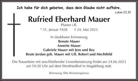Traueranzeige von Rufried Eberhard Mauer von Volksstimme Magdeburg