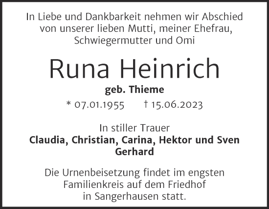 Traueranzeige von Runa Heinrich von Trauerkombi Sangerhausen