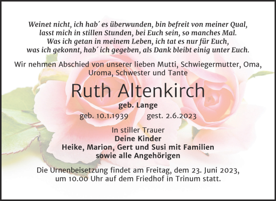 Traueranzeige von Ruth Altenkirch von Trauerkombi Köthen
