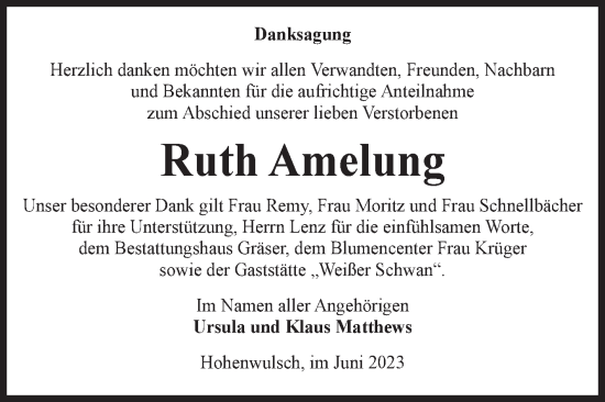 Traueranzeige von Ruth Amelung von Volksstimme Altmark Ost