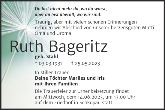 Traueranzeige von Ruth Bageritz von Trauerkombi Merseburg