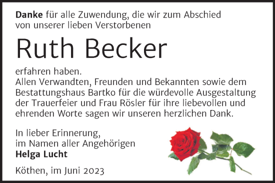 Traueranzeige von Ruth Becker von Trauerkombi Köthen