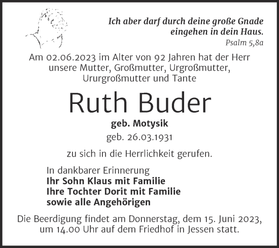 Traueranzeige von Ruth Buder von Trauerkombi Wittenberg